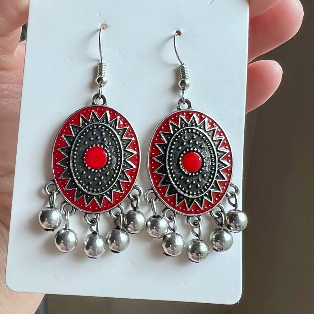 Red and Silver Western Dangle Earrings, Contemporary Western Jewelry